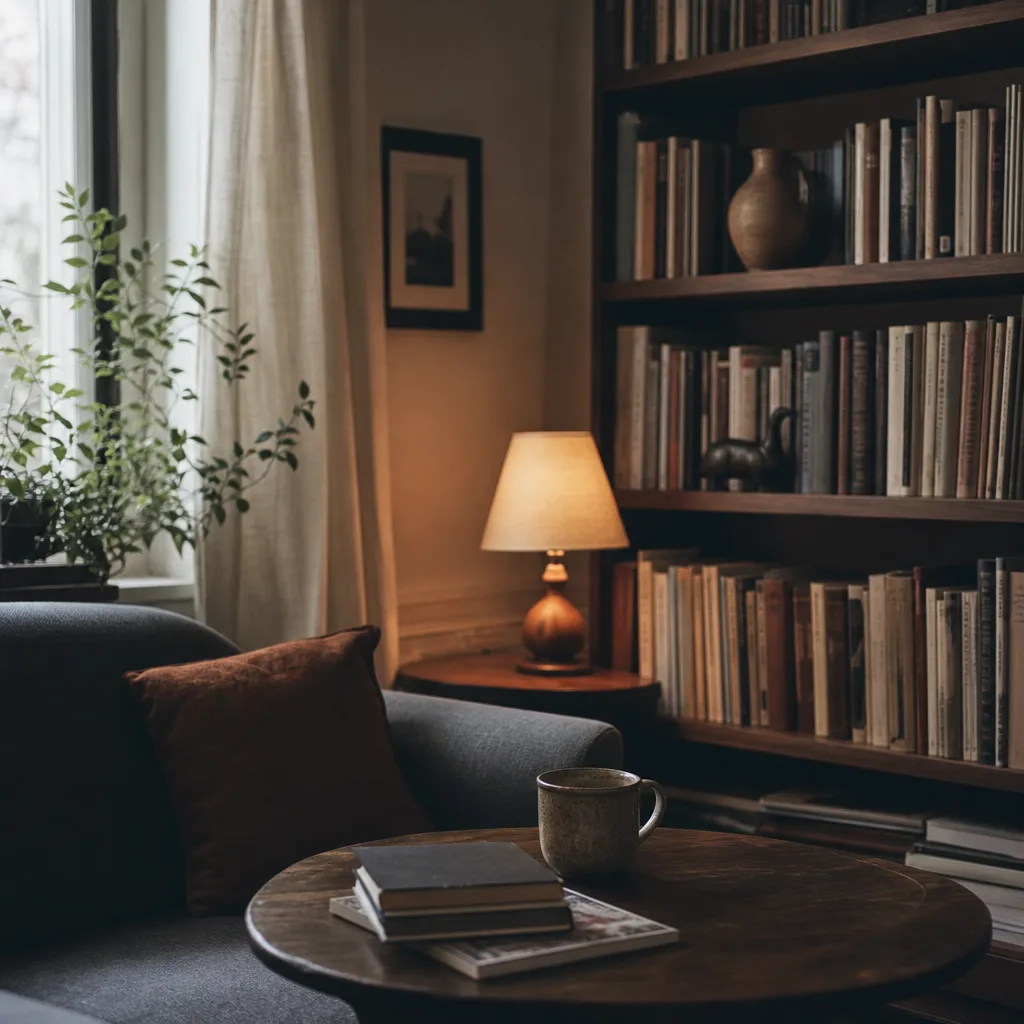 A reading corner with a shelf of books and soft lamplight