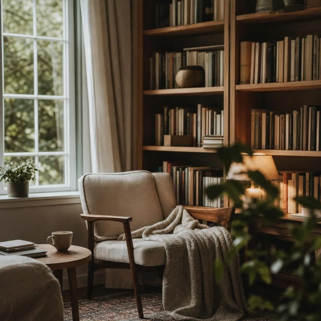 A quiet reading corner with books and warm light
