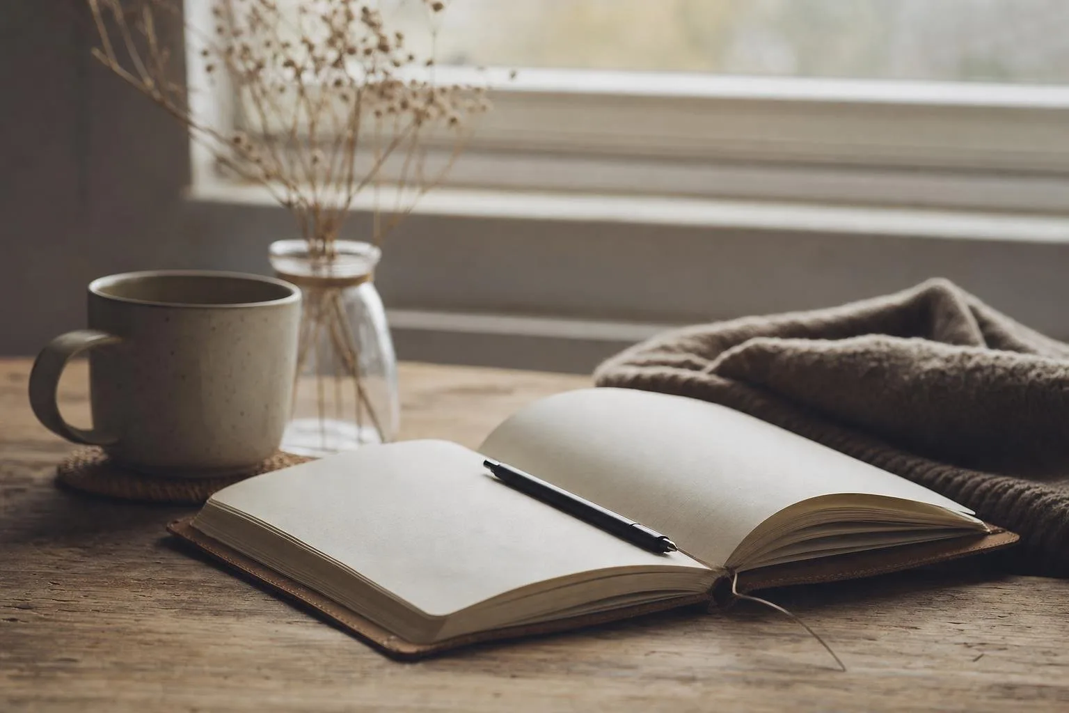 A calm writing desk by a window with morning light