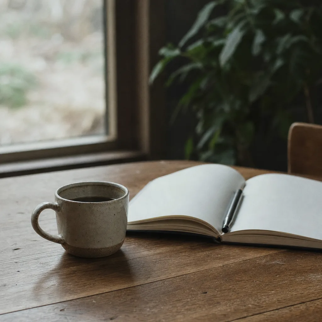 A cup of coffee beside an open notebook on a wooden desk