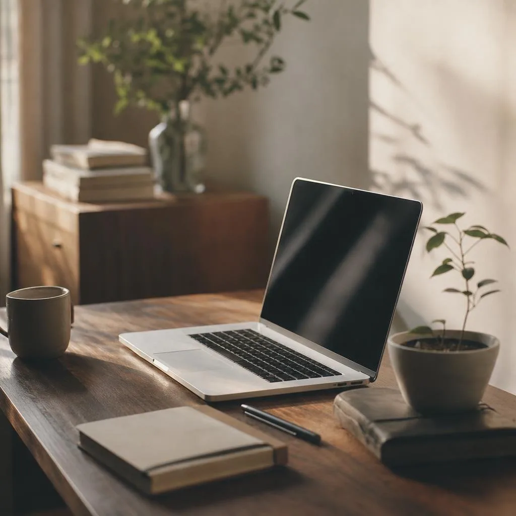 A tidy wooden desk with a laptop and a small plant