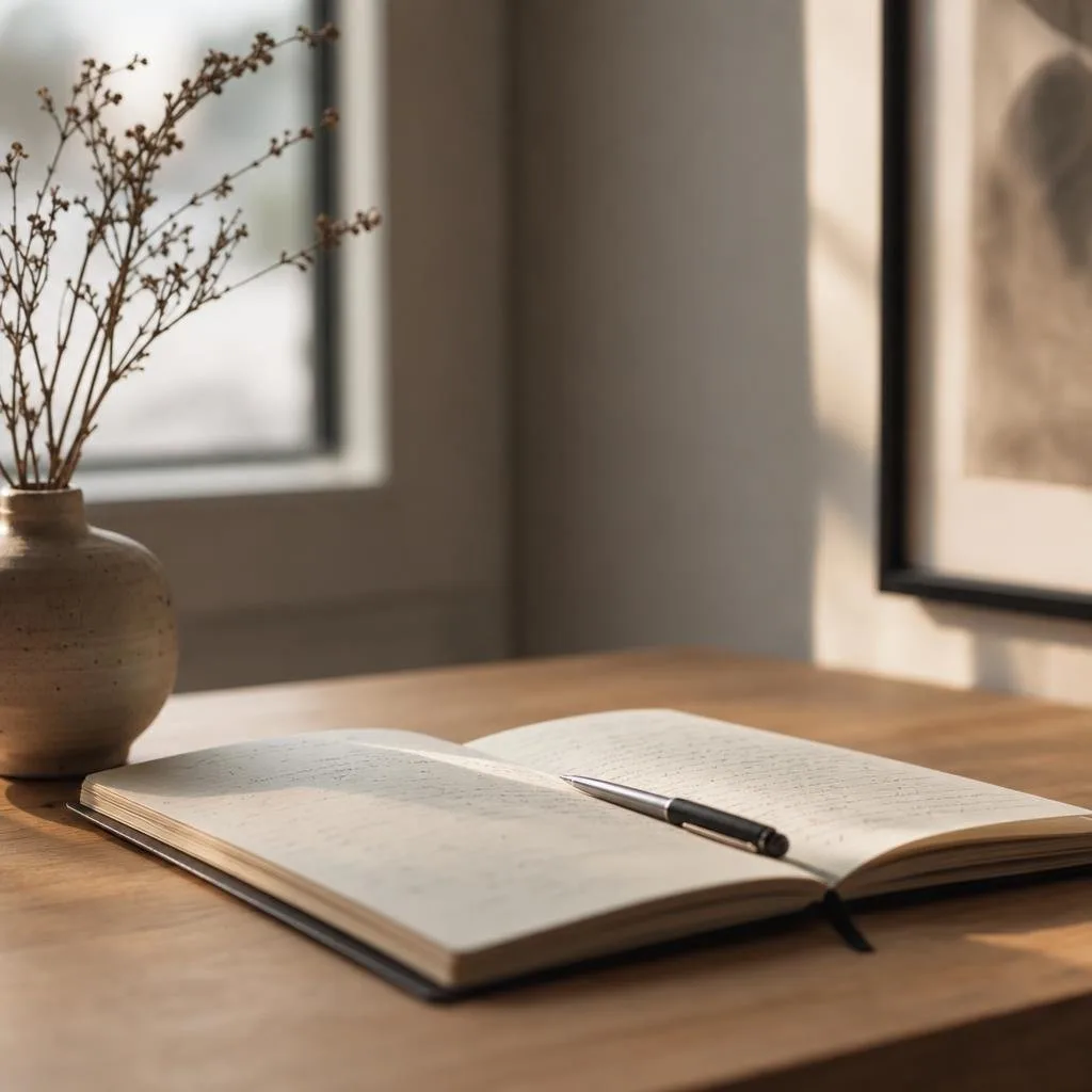 An open notebook with handwritten notes and a pen